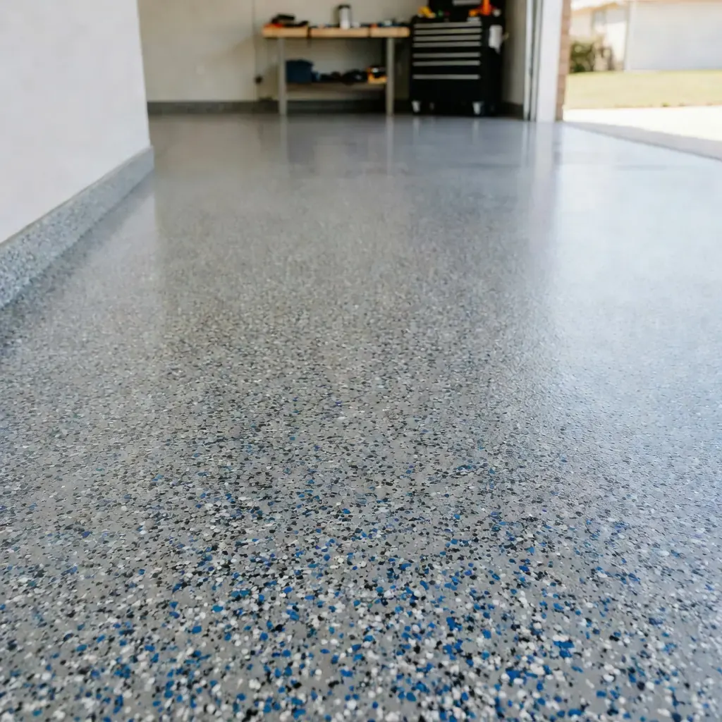 a close-up of a flake epoxy garage floor