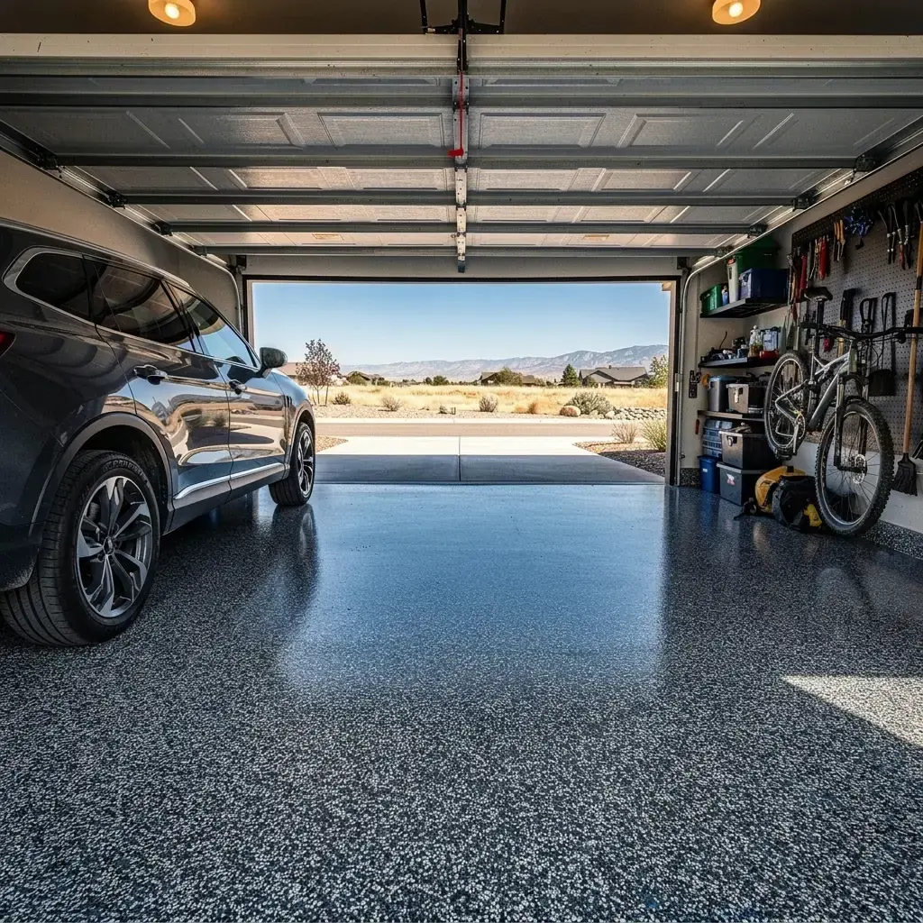 a finished epoxy-coated garage floor with a flake finish