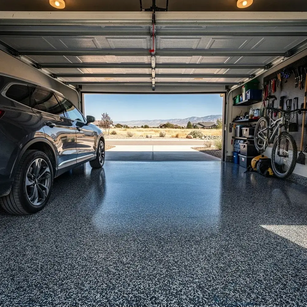 a polyaspartic-coated garage floor in Lakewood