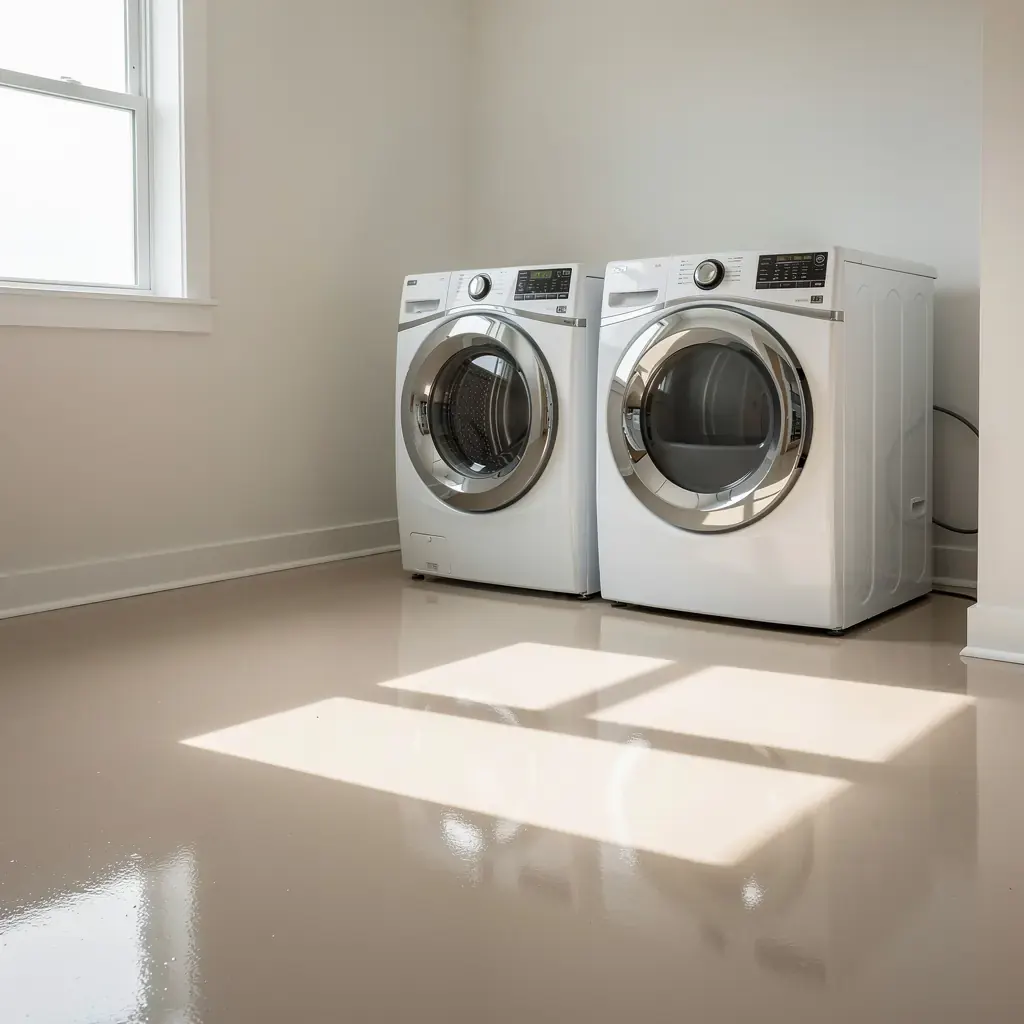a laundry-room slab under a glossy epoxy finish